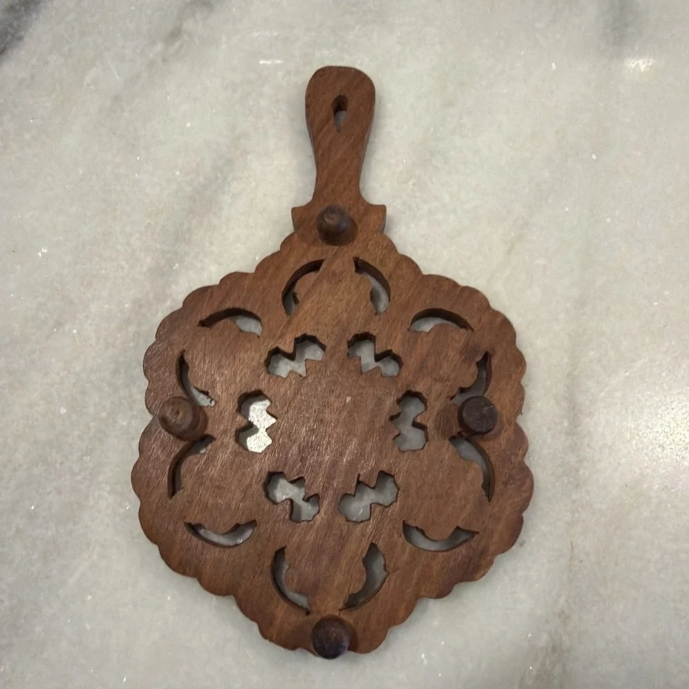 Vintage Hand Carved Wooden Trivet with Handle Made in India 001